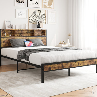 Grand lit avec tête de rangement et 2 ports - cadre de look moderne noir