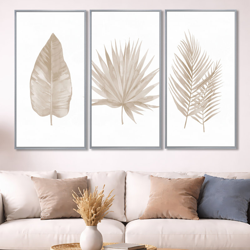 «Tropical Leaf», ensemble d'art mural sur toile, impression de décoration botanique beige - feuilles beige tropical, Argent