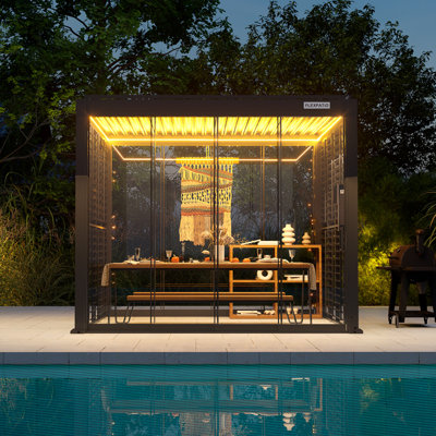 Flexpatio 10 Ft. W X 10 Ft. D Power+ Motorized Outdoor Louvred Pergola W/ 2-Side Shutter Wall & 2-Side Sliding Glass Doors