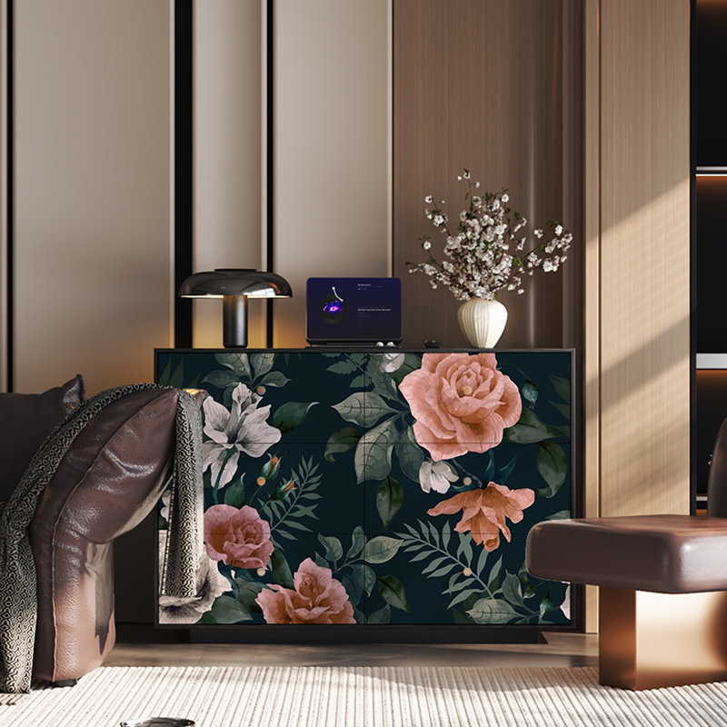 Modern Solid Wood 6-Drawer Cabinet Floral Pattern