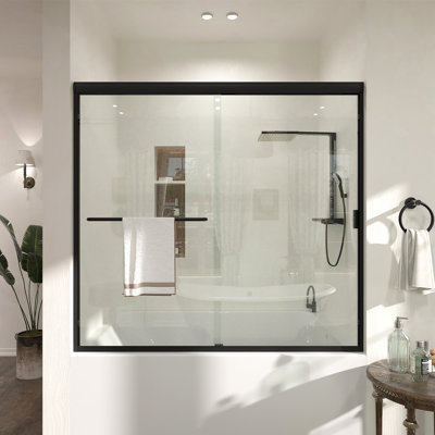 Porte de douche coulissante semi-sans cadre avec verre trempé transparent de 56 à 60 po x H 56 po, porte de baignoire à largeur réglable