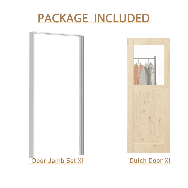 30 in. x 80 in. Natural Pine Finished Interior Dutch Door with Half Frosted Glass