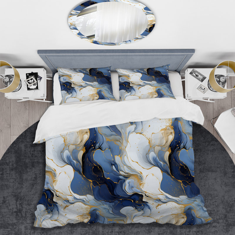Marble Duvet Cover Set, Gold Blue Marble Pattern Bedding - Celestial Gold And Blue Marble Pattern III