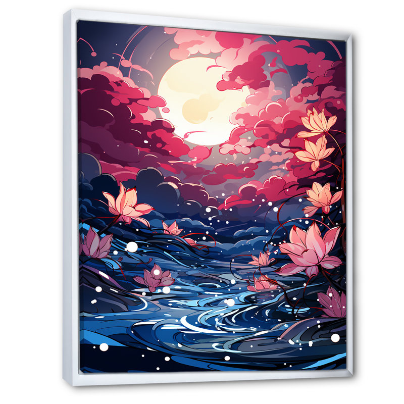 Abstrait lys roses sous une lune brillante sur toile, H 20 po x l 12 po x P 1 po, Cadre flottant blanc