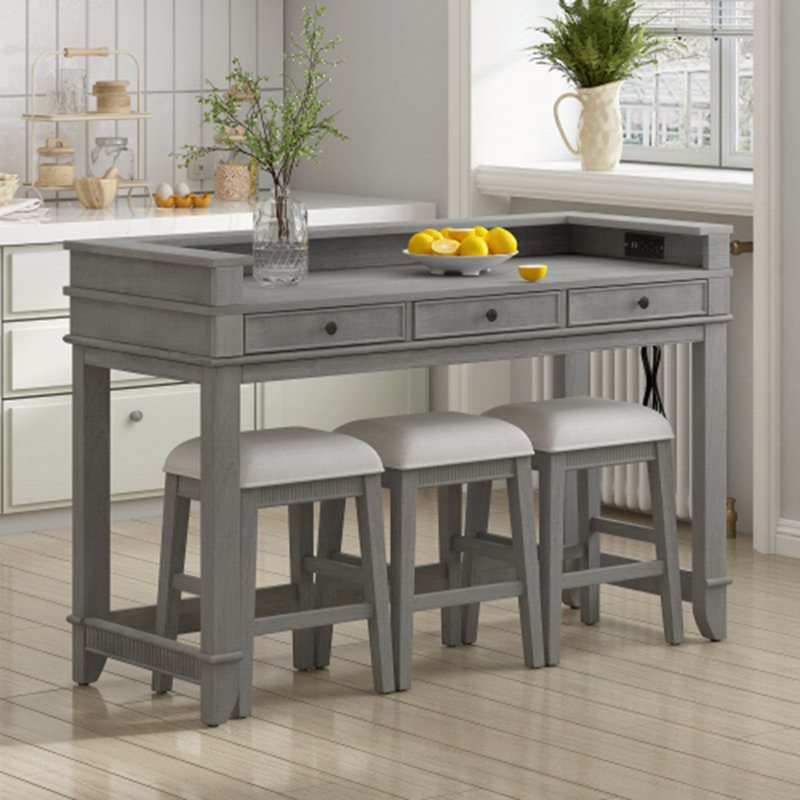 Ensemble de table de salle à manger 4 pièces pour 3 personnes, ensemble de table et chaises de cuisine rétro avec 3 tiroirs de rangement, idéal pour les petits espaces (gris clair)