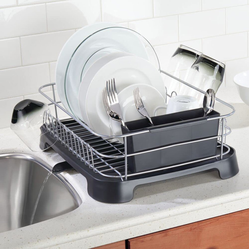 Silver and Black Metal Dish Drying Rack with Utensil Cup
