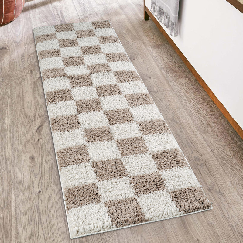 Chester Living Room Shaggy Area Rug Modern - Contemporary Checkered Design 30Mm Plush Pile Jute Backing Soft Woven Carpet -Hallway Indoor Rug, Beige
