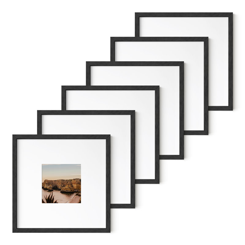 Wood Picture Frame - Set of 6, Black, 8" x 8" with mat for 4" x 4"