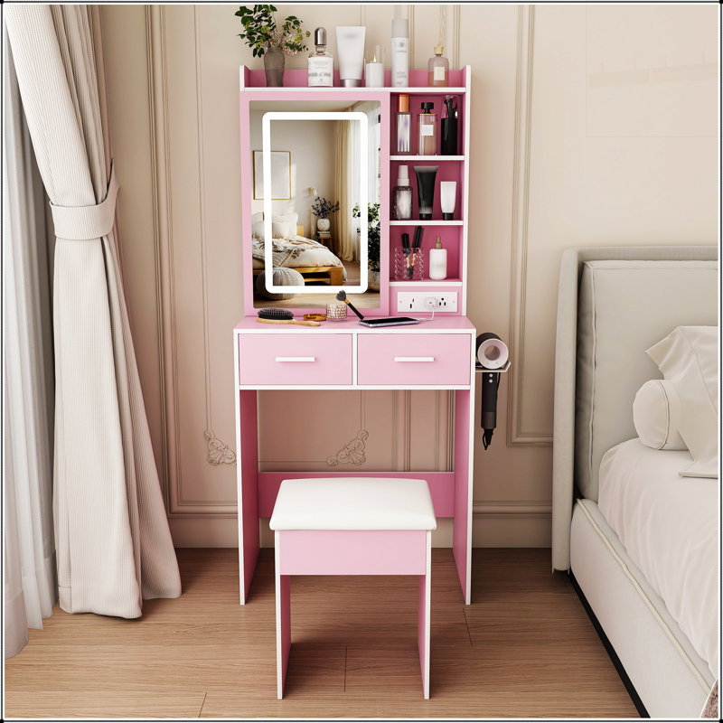 Petit bureau de coiffeuse avec miroir, lumières DEL réglables, prises de courant et rangement dissimulé, comprenant un tabouret et une tablette rembourrés, idéal pour les espaces compacts