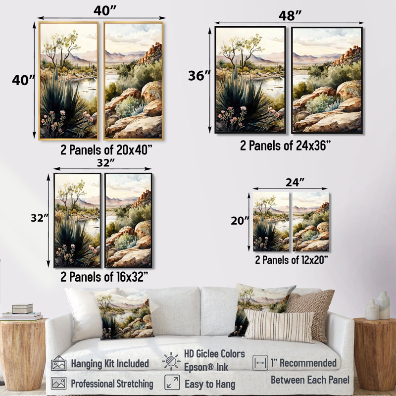 Arizona Desert Scenery IV - Green, art mural moderne sur toile 2 pièces, H 20 po x l 24 po, Doré