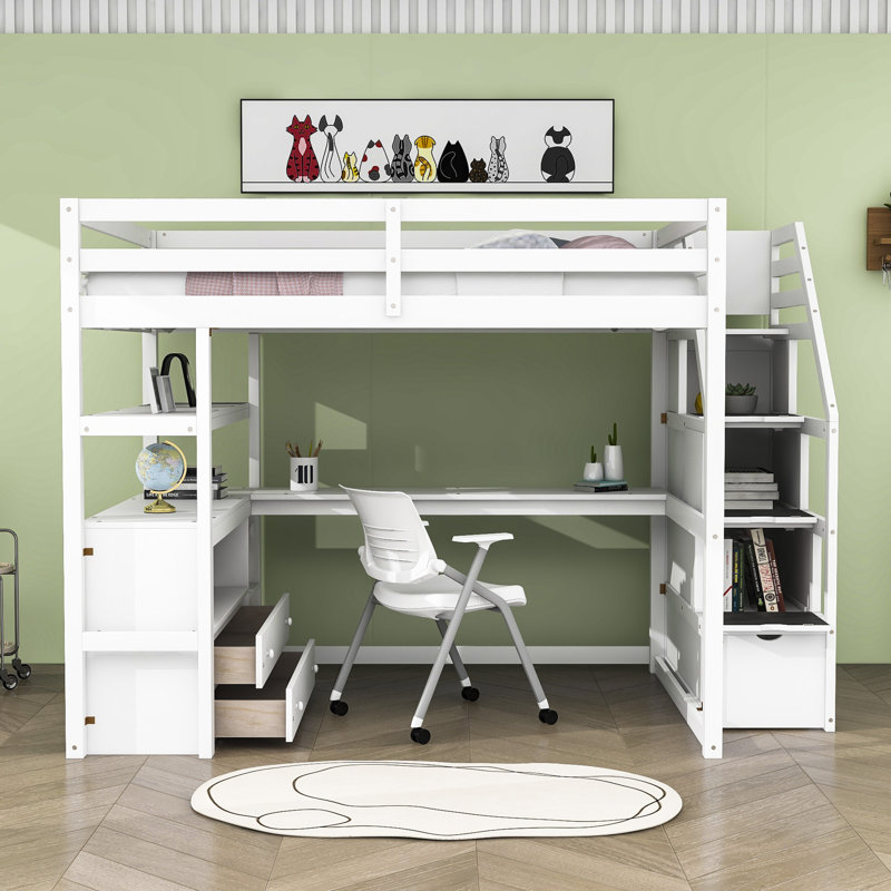 Lit mezzanine en bois avec bureau, tablettes et deux tiroirs Kaci, Complète, Blanc