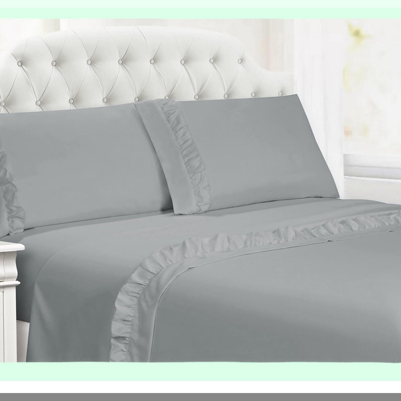 UltraSoft Ruffled Hem Microfiber Sheet Set - Wrinkle Resistant 3-Piece Bedding - Easy Fit Double Brushed Durable Grey Sky - Luxe Linens