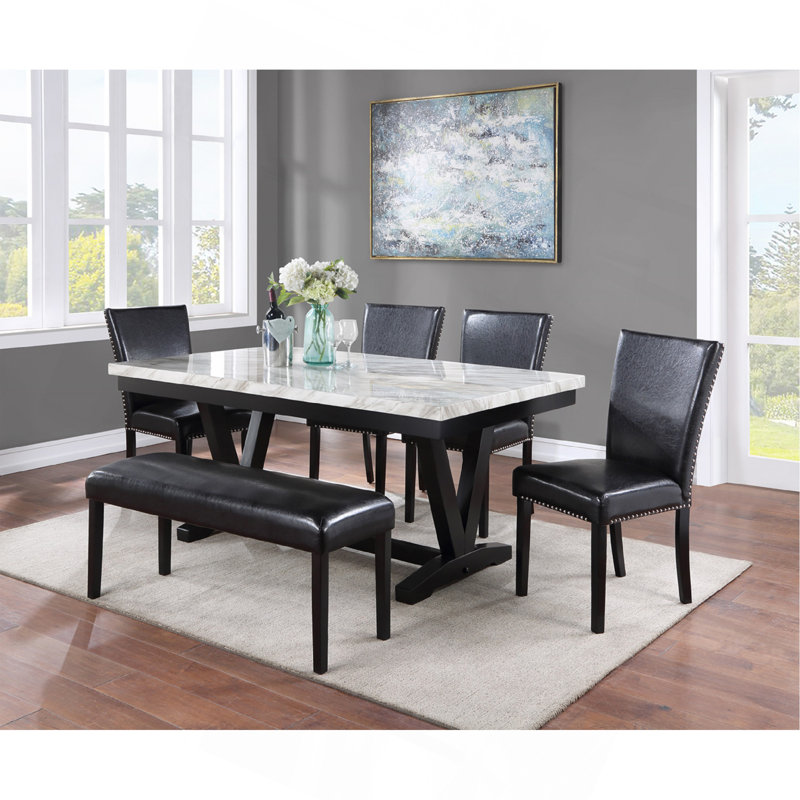 Table de salle à manger moderne moderne en faux marbre et noir avec table en V et tréteaux