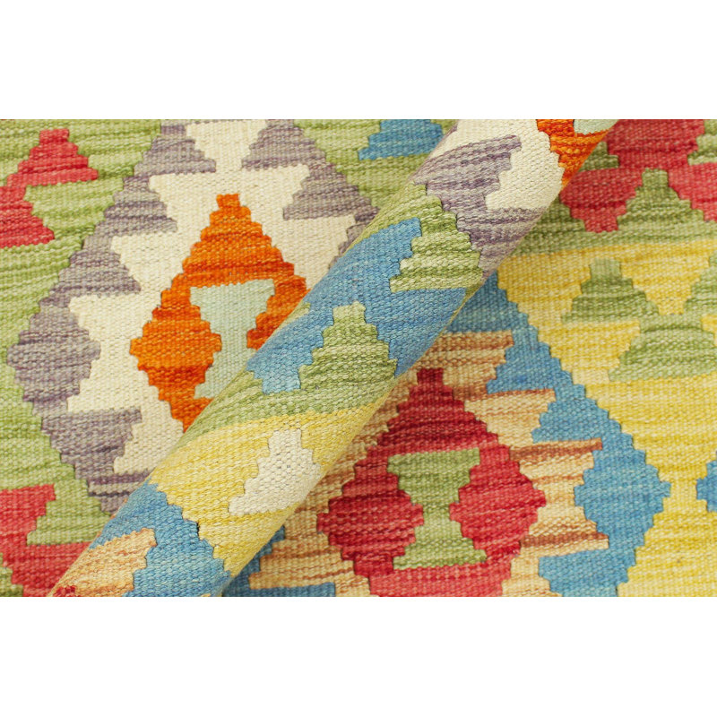 Tapis orange / bleu / beige en laine tissé à la main Kemarii