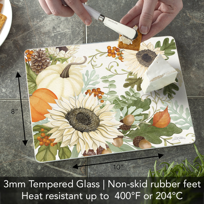 Farmhouse Fall Sunflower and Pumpkin Tempered Glass Cutting Board