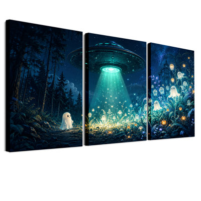 Ensemble de 3 toiles murales d'Halloween représentant un OVNI planant au-dessus de fleurs fantômes lumineuses
