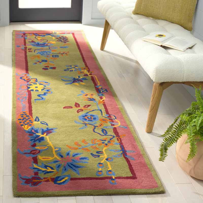 Anticur Hand Tufted Wool/Cotton Floral Rug in Green/Pink, Runner 2'3" x 8"