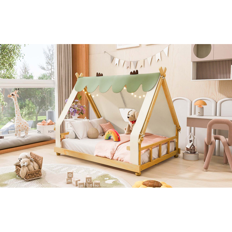 Lit en bois avec tente et lumière, White, Full