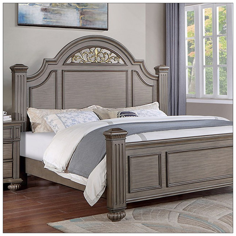Grand lit à panneau 1pc, style contemporain, mobilier de chambre gris à motif floral formel dans la tête de lit