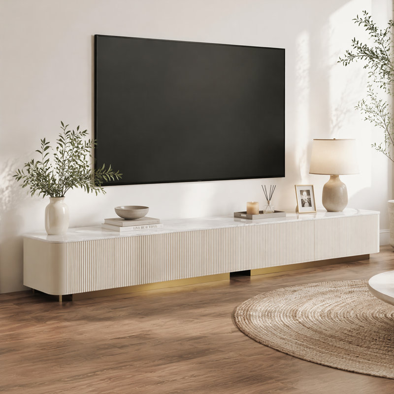 94.5" Beige Wood Patchwork Marble Countertop TV Storage Cabinet, 4 Drawers, 94.4", Beige