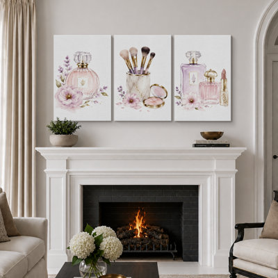 Pink Perfume and Makeup Vanity Artwork, Bathroom Pictures, Framed Canvas Giclee Print 3 Pieces Wall Art