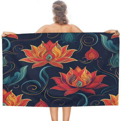 Abstract Floral Art Deco Beach Bath Towels Quick Dry Sand Free Vintage Flower Plant Towel Sport Camping Holiday Gym Spa Travel Swimming, 30 x 60 in