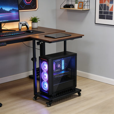 1pc Adjustable Height Mobile Computer Stand, 2-Tier Rolling Printer Stand with Wheels, Wood Top & Metal Frame CPU Tower Cart, Brown/White, Fits PC Tower & Printer Under Desk