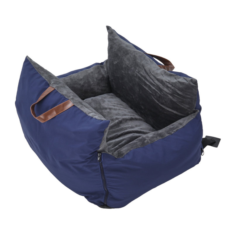 Plush Pet Car Seat Bed with Handle and Adjustable Strap, Navy