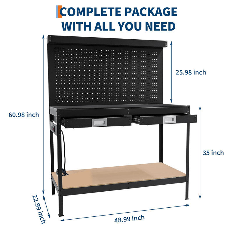 Établi 48 po en métal avec panneau perforé, prise de courant, 2 tiroirs et sous la tablette - Banc de rangement robuste pour outils pour garage, atelier, sous-sol