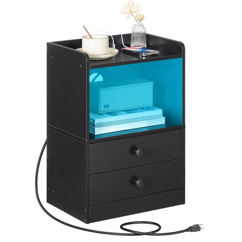 Geil 2 - Drawer Nightstand with Charging Station and LED Lights, End Table with 2 Drawers and Storage, Black
