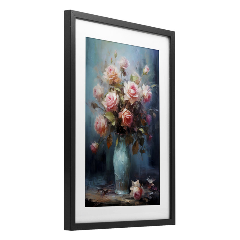 Vase bleu avec roses roses, reproduction encadrée sous verre, design par LSR Creative Studio, H 20 po x l 14 po