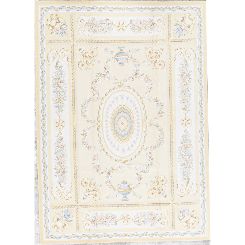 Tapis jaune et ivoire noué à la main de haute qualité