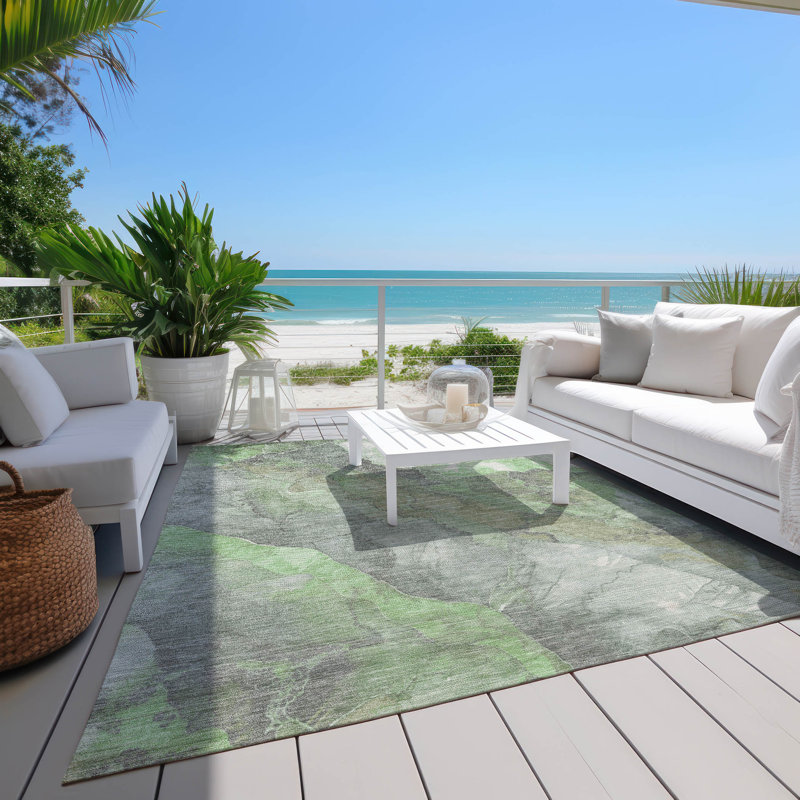 Machine Washable Indoor/Outdoor Xhevrie Green Rug, Rectangle 9' x 12'