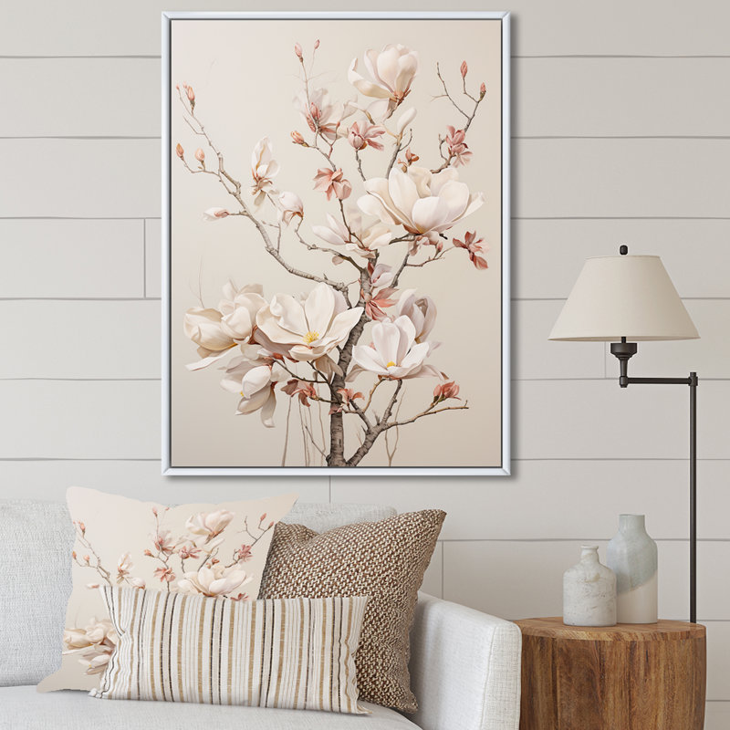 «Magnolias Beauty II» beige et vert sur toile, Cadre flottant blanc, H 32 po x l 16 po