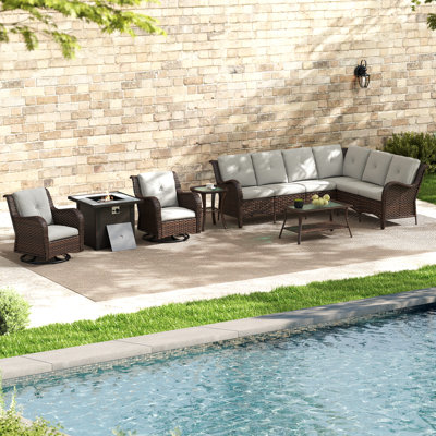 8 - Person Rattan Sectional Seating Group With 2 Swivel Chairs & Fire Table