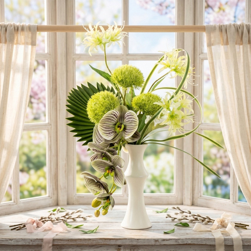 Fleurs artificielles avec vase, Blanc