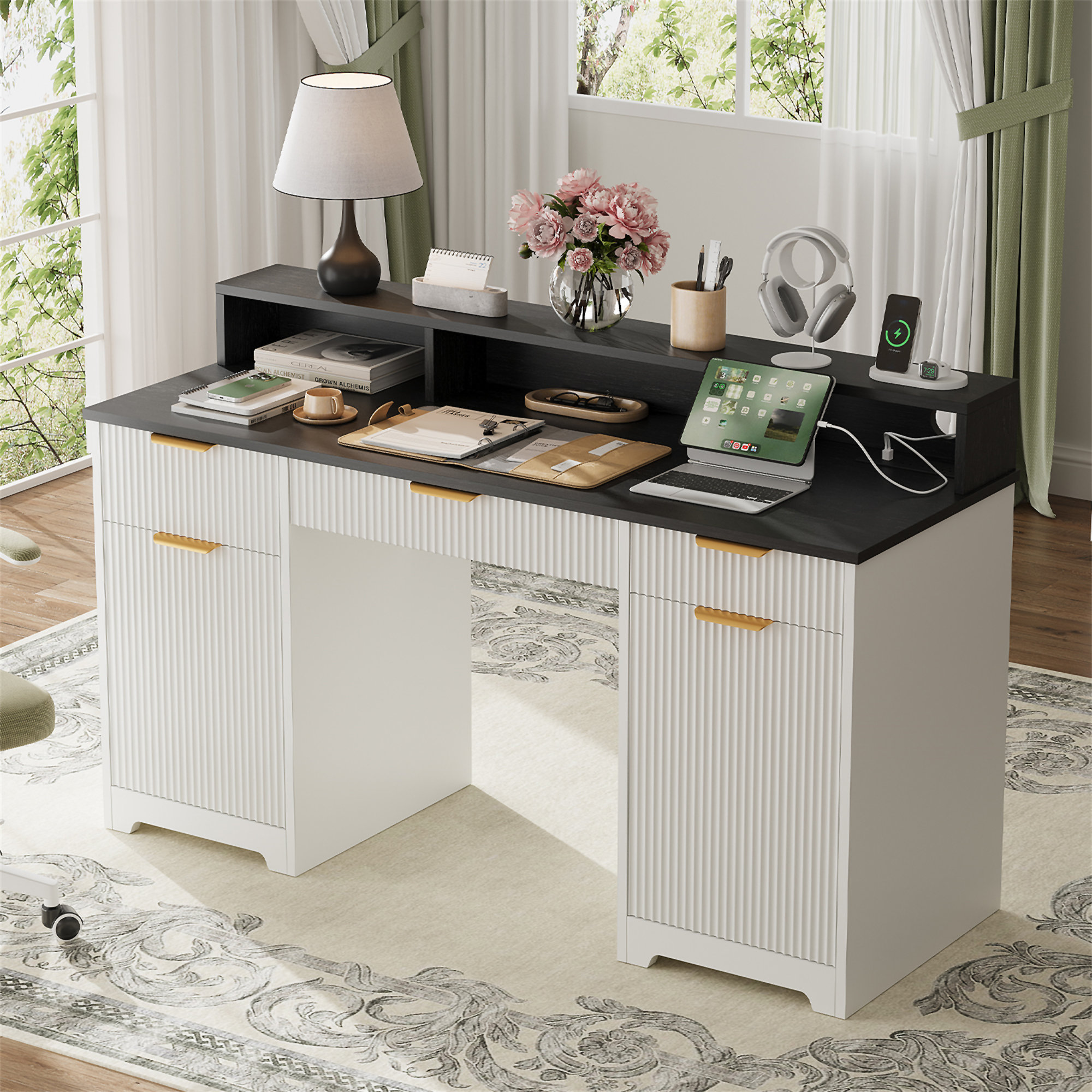 Latitude Run® Executive Office Desk Computer Table With Power Outlets ...