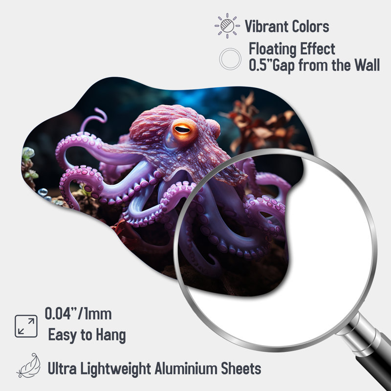 Purple Octopus Mystical Encounter - Octopus Cloud Shape Assymterical Metal Wall Sculpture, 22" H x 30" W