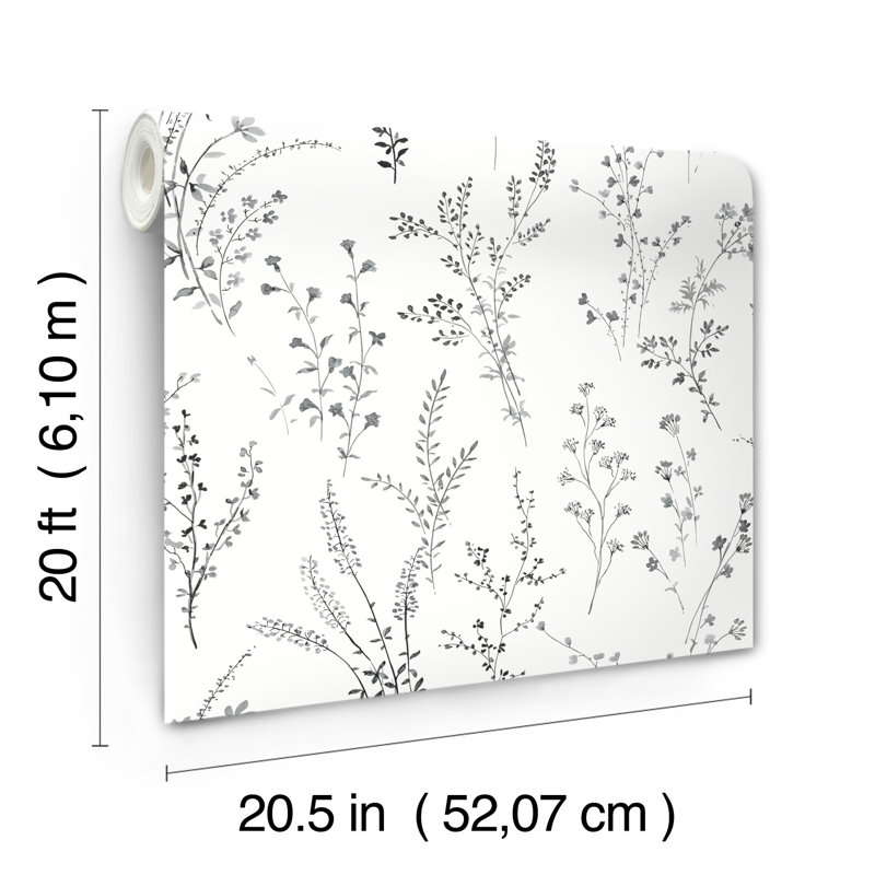Wildflower Sprigs Floral Peel & Stick Wallpaper Roll, Black/White