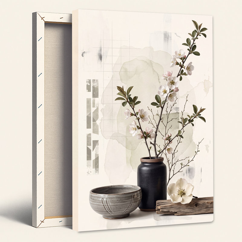 Branches fleuries blanches dans un vase sombre avec une toile abstraite, 30"H x 20"W