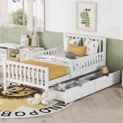 Twin Size Wood Platform Bed With Guardrails And Two Storage Drawers; Slat Kit,  For Space-Saving And Safety In Modern Bedrooms.