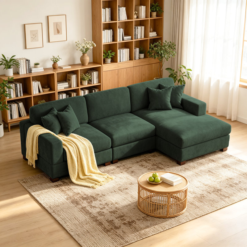 3 - Piece Upholstered Green Chenille Modular Sectional Sofa with Armrests & Throw Pillows, Right Hand Facing, Green Chenille