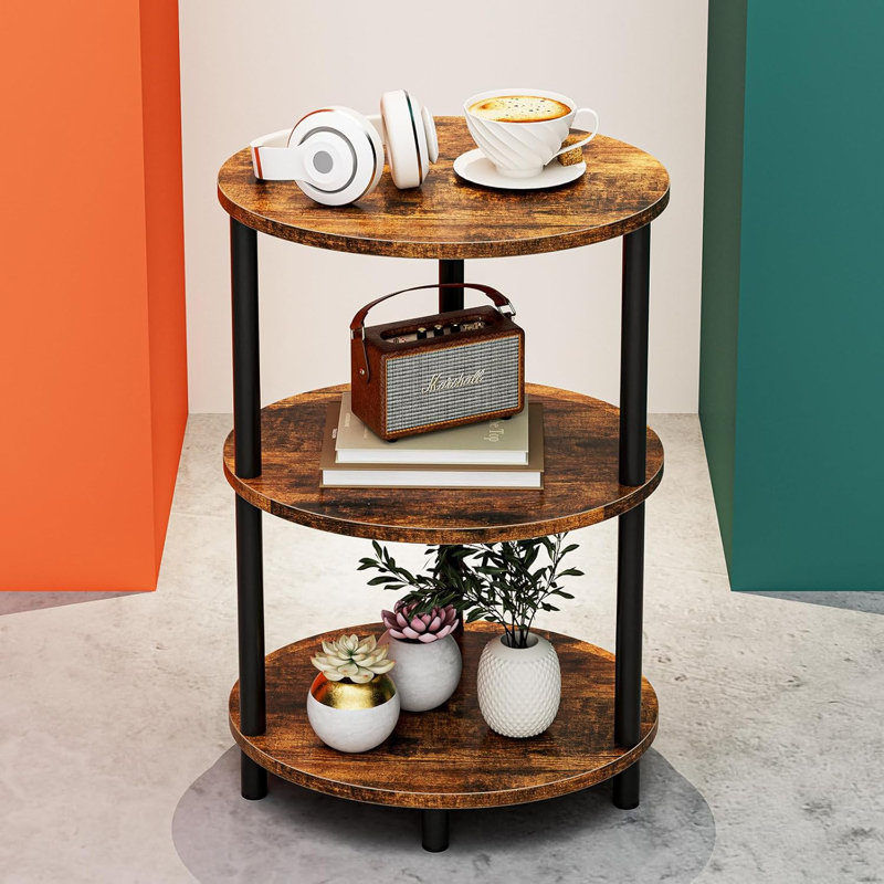 Table d'appoint ronde à 3 niveaux avec design en bois rustique et en métal, table d'appoint ovale compacte pour les petits espaces, facile à assembler pour le salon, la chambre à coucher ou la table de bout