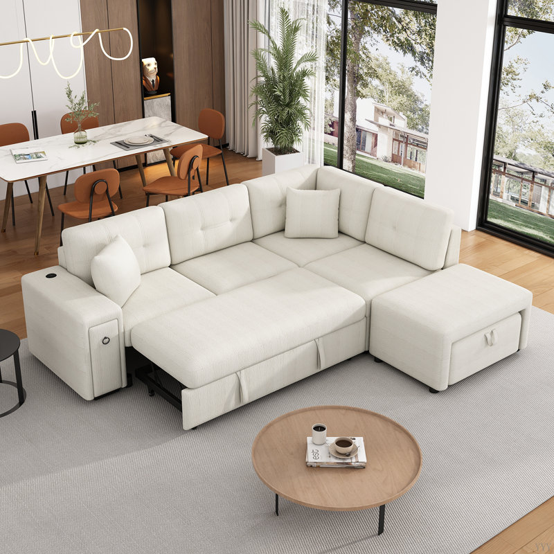 Canapé-lit modulaire en L de 86,6 po avec canapé-lit coulissant, deux ports USB et deux porte-gobelets pour le salon, Beige
