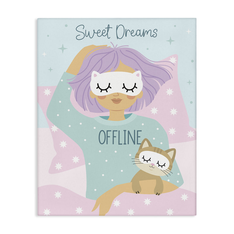 Art mural sur toile Sweet Dreams Girl & Cat par Ilis Avilés, H 30 po x l 24 po