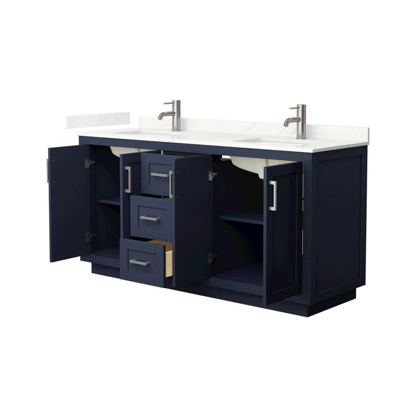 Miranda 66" Freestanding Double Bathroom Vanity with Quartz Top, Dark Blue, Giotto Quartz, Brushed Nickel