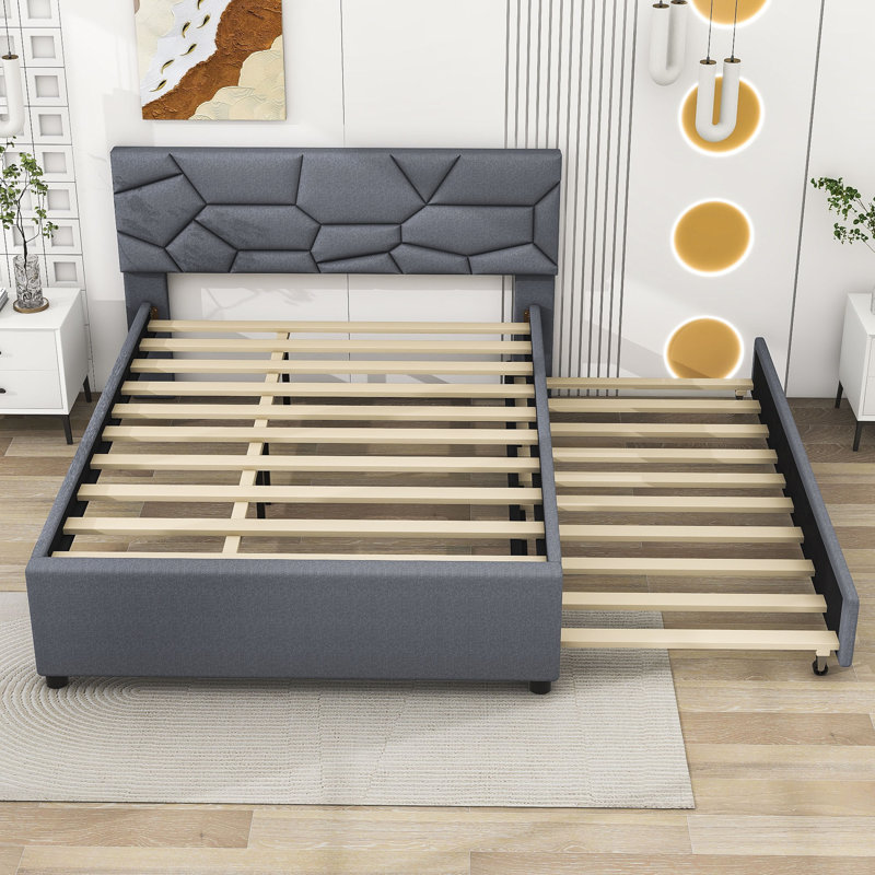 Wildo Linen Upholstered Platform Bed with Trundle And Headboard, Queen, Gray