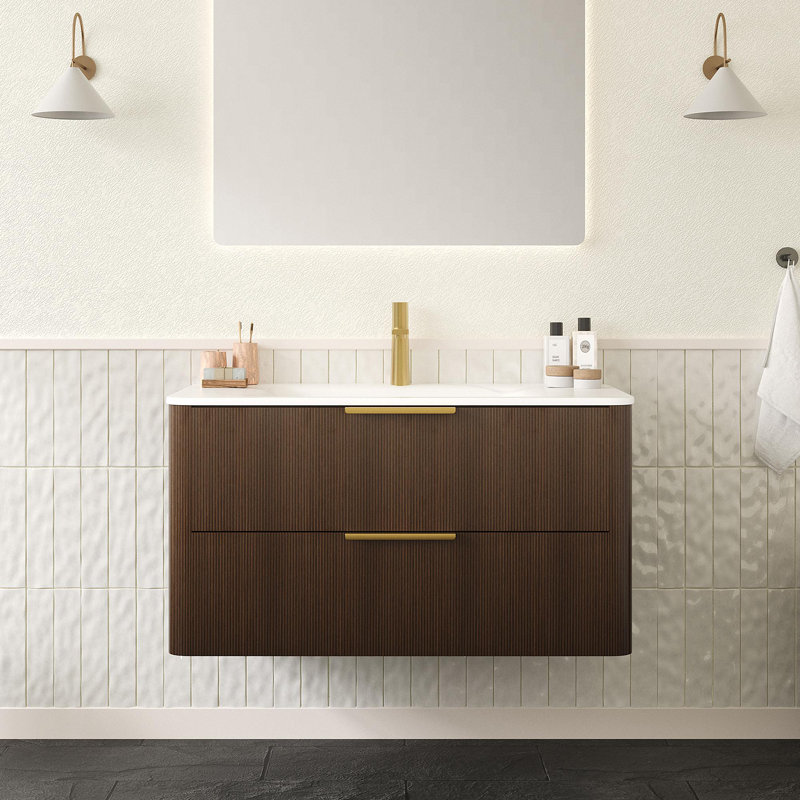 Meuble-lavabo 36 po avec lavabo en pierre frittée, Noyer, 36"