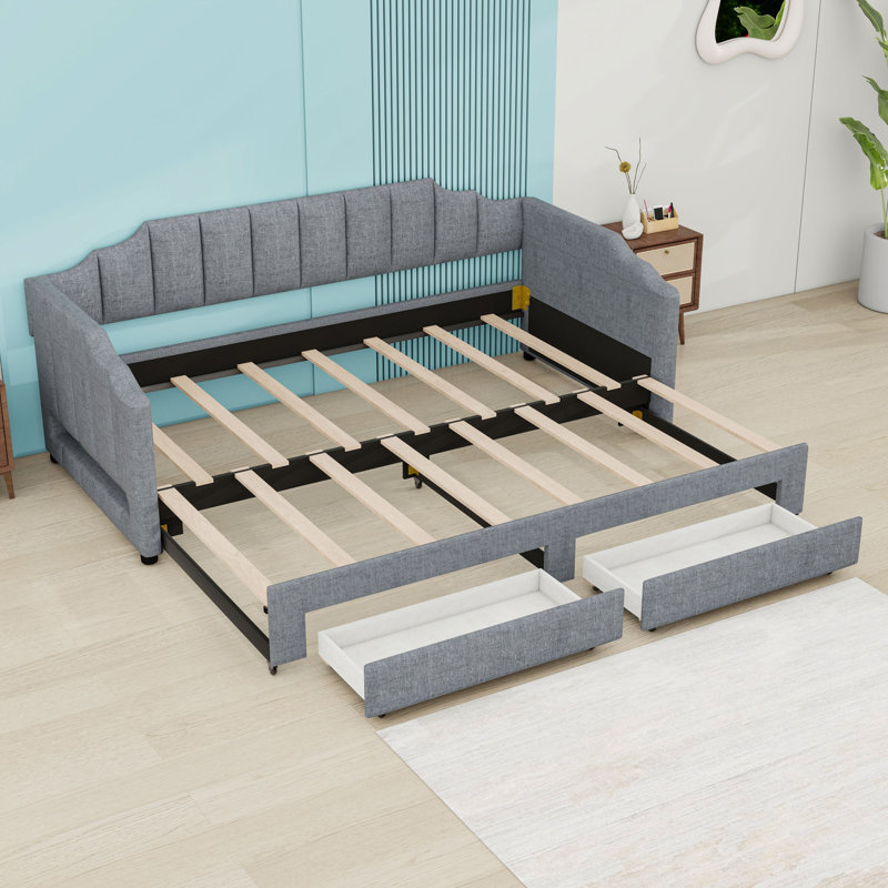 Twin XL Linen Extendable Upholstered Daybed with LED Lighting and Storage Drawers, Gray