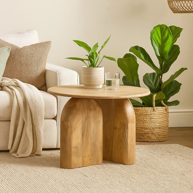 Table de bout Cid Elis, marbre beige, structure en bois massif, plateau rond de 30 pouces